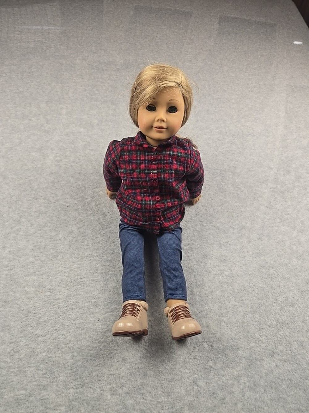 American Girl 18" Doll Blonde Hair Hazel Green Eyes Plaid Shirt Blue Pants Shoes